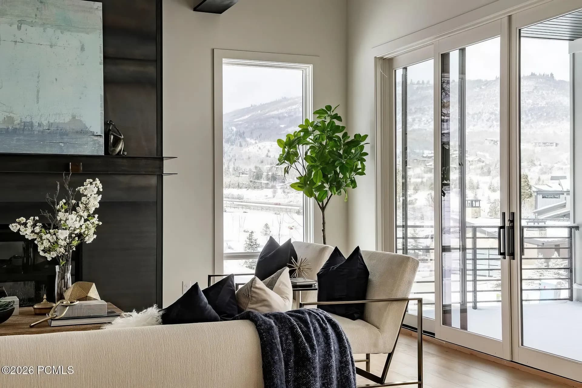 Window seat framing mountain views