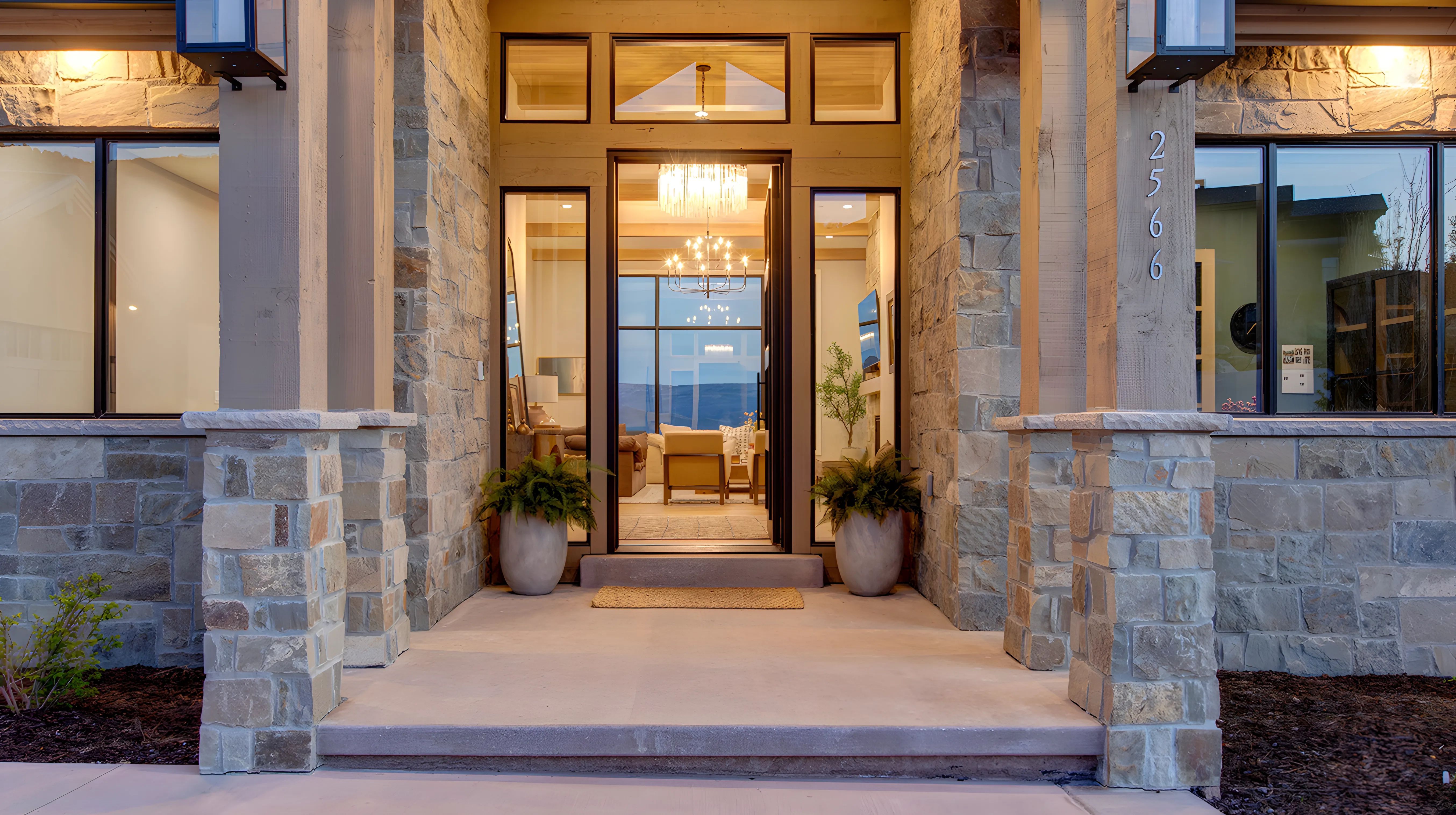 Mountain Modern Estate stone-clad front entry portal
